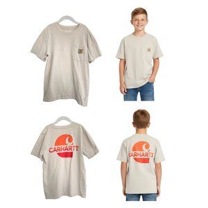 Carhartt T-Shirt Youth Boys Medium 10-12 Beige Tan Orange Pocket Cotton TK6367-B